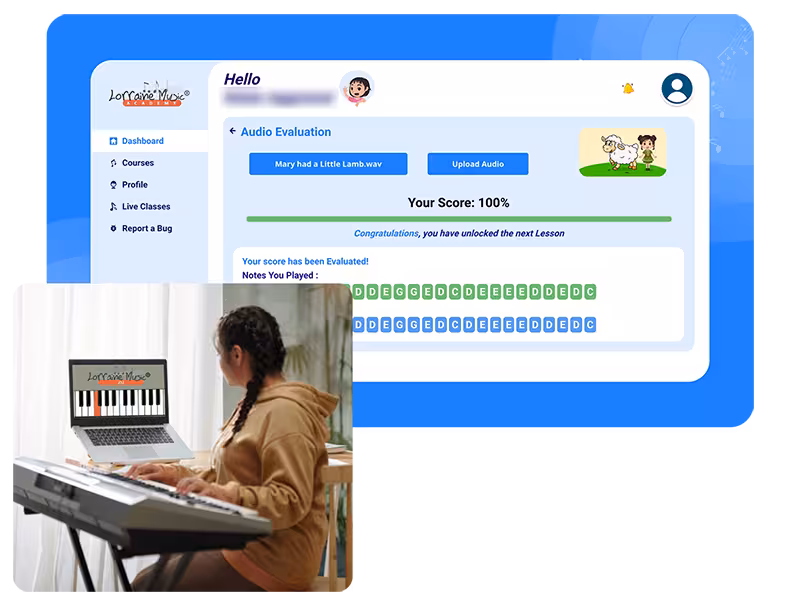 LorraineMusic.ai lesson and AI evaluation screens