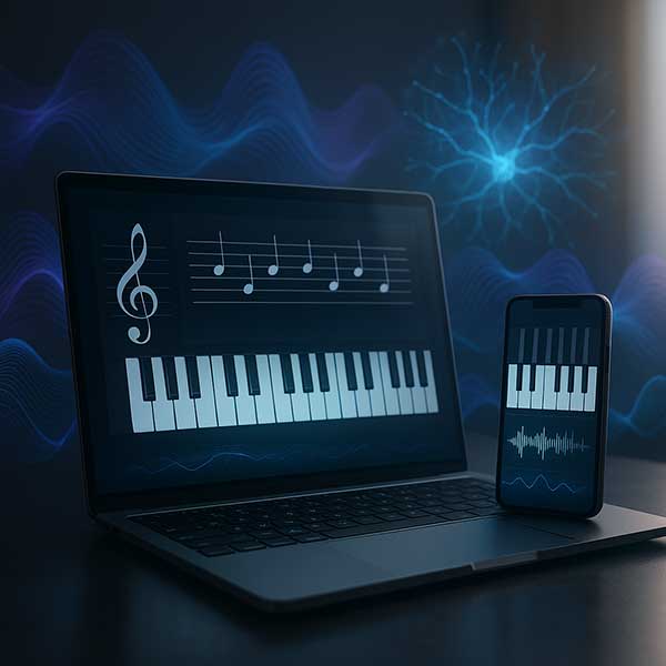 Indian student learning piano with a 5-octave keyboard and AI guidance on a tablet, representing personalized and intelligent music education through LorraineMusic.ai