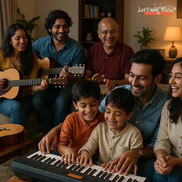 Indian family and friends enjoying music together with keyboards and guitars, symbolizing bonding and active participation through shared learning