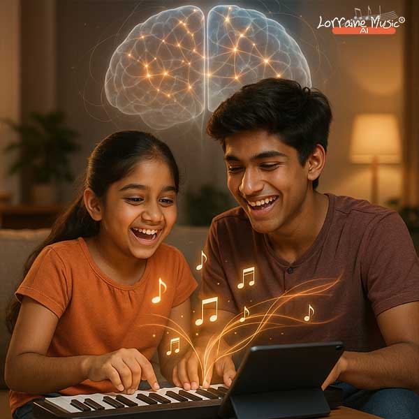 Two Indian music learners, a young girl and teenage boy, composing joyfully on a tablet with glowing notes and a neural network symbolizing creativity and brain connectivity.