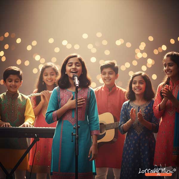 Indian children’s ensemble performing joyfully with an expressive lead singer under warm stage lighting, symbolizing emotional connection through music