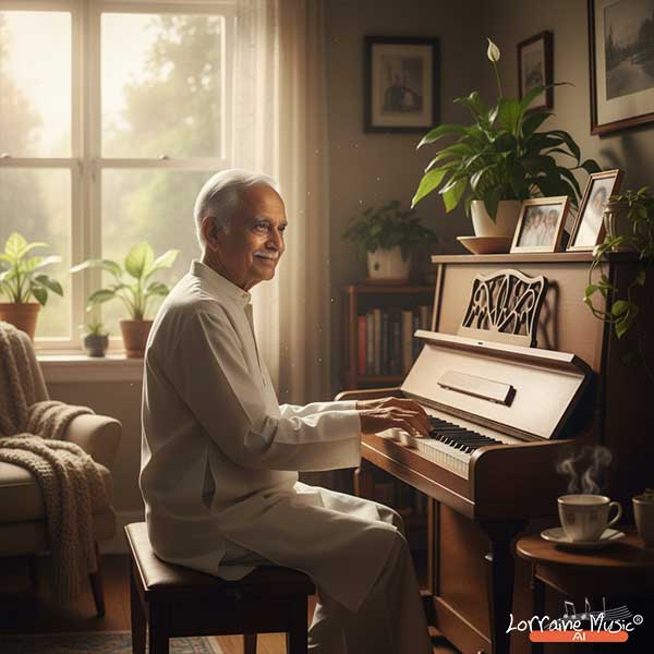 Elderly Indian person playing piano in soft sunlight surrounded by plants, symbolizing lifelong mental fitness and music as a ritual of wellness.