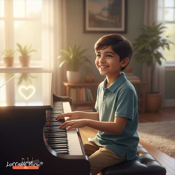 Indian child smiling after finishing a piano piece, with a heart-shaped reflection on the piano lid symbolizing harmony between science and soul in music.
