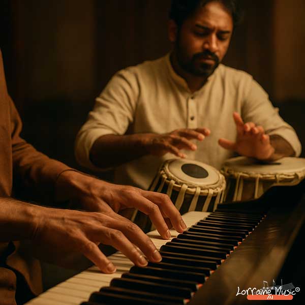 Indian pianist and tabla player performing together, highlighting musical coordination and expressive motion.