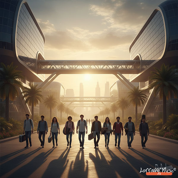 Indian students walking through a futuristic campus with musical instruments.