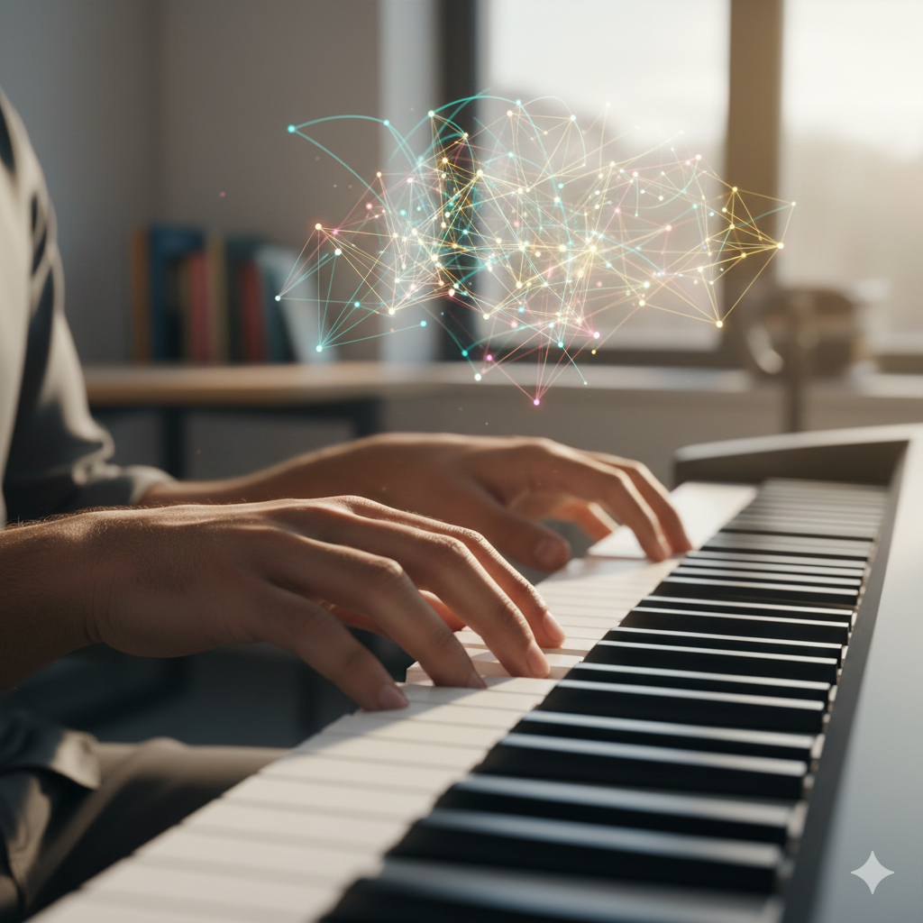 Close-up of Indian student playing piano with artistic neural overlay