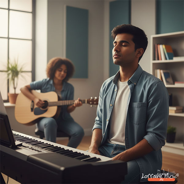 Indian student practicing mindfulness beside a piano keyboard.