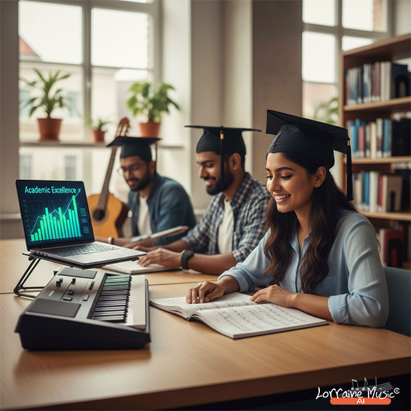 Indian university student studying with piano keyboard and sheet music.