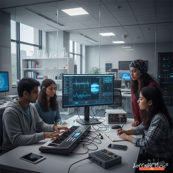 Indian students conducting music research around a keyboard in a university lab.