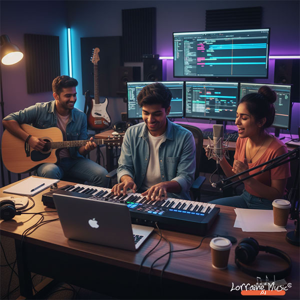 Indian students composing music using piano, guitar, and vocals in a creative studio.