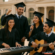 Indian college students learning piano, guitar, and singing in a modern classroom