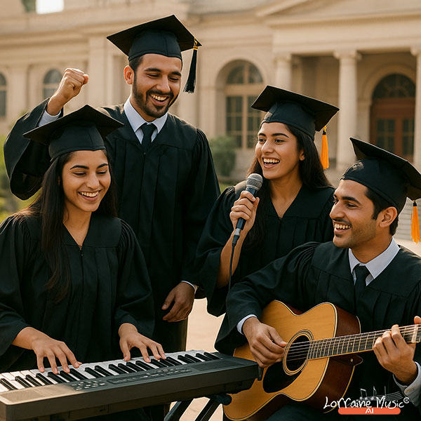 Indian college students learning piano, guitar, and singing in a modern classroom