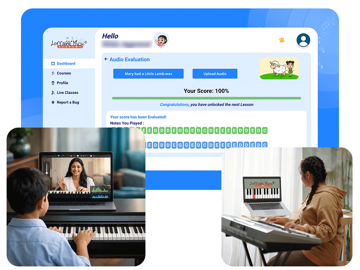 Student participating in teacher-led live online piano/keyboard classes for a strong music foundation