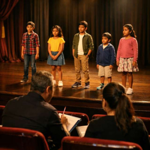 Children auditioning on stage in theatre