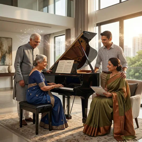 Indian family gathered around an elderly woman playing a grand piano at home, showing music learning, family support, and joyful intergenerational practice