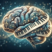 Human brain wrapped with piano keys, musical notes, sound waves, and neural connections showing the link between music and brain development