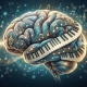 Human brain wrapped with piano keys, musical notes, sound waves, and neural connections showing the link between music and brain development