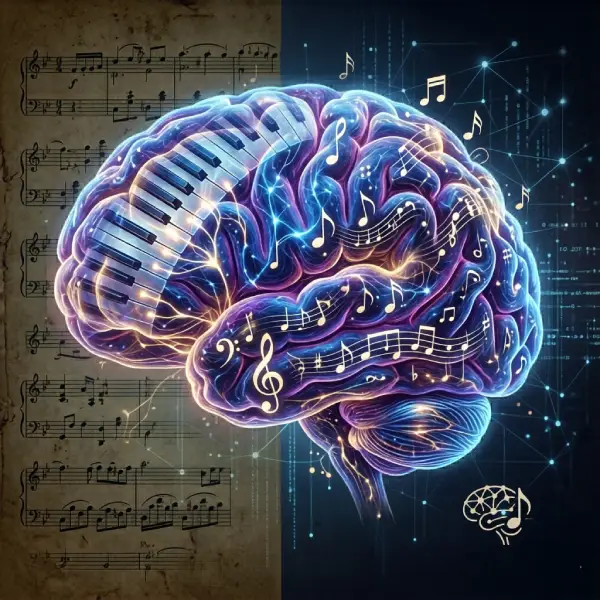 Glowing human brain with piano keys, sheet music, and neural pathways representing how music reshapes the brain and supports memory and cognitive health