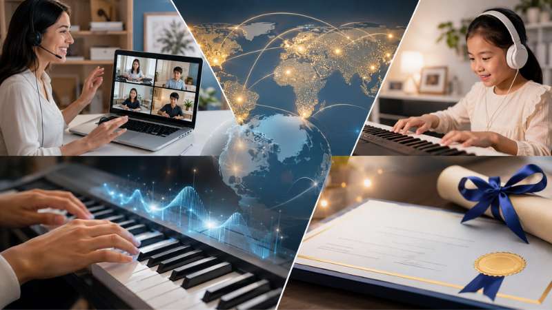 Why Lorraine Music a teacher conducting an online music class on a laptop