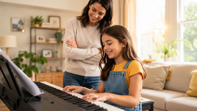 Happy Child Learning Piano happy child around 8-10 years old sitting at a digital keyboard at home, smiling while practising, with a parent standing nearby smiling proudly