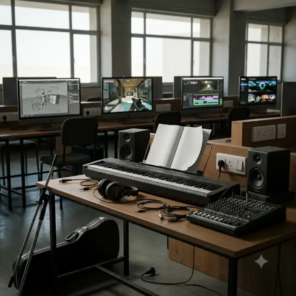 Missing Music Audio Layer India Creative Education Empty music production station beside animation and gaming equipment, highlighting the missing audio component in India’s creative education system